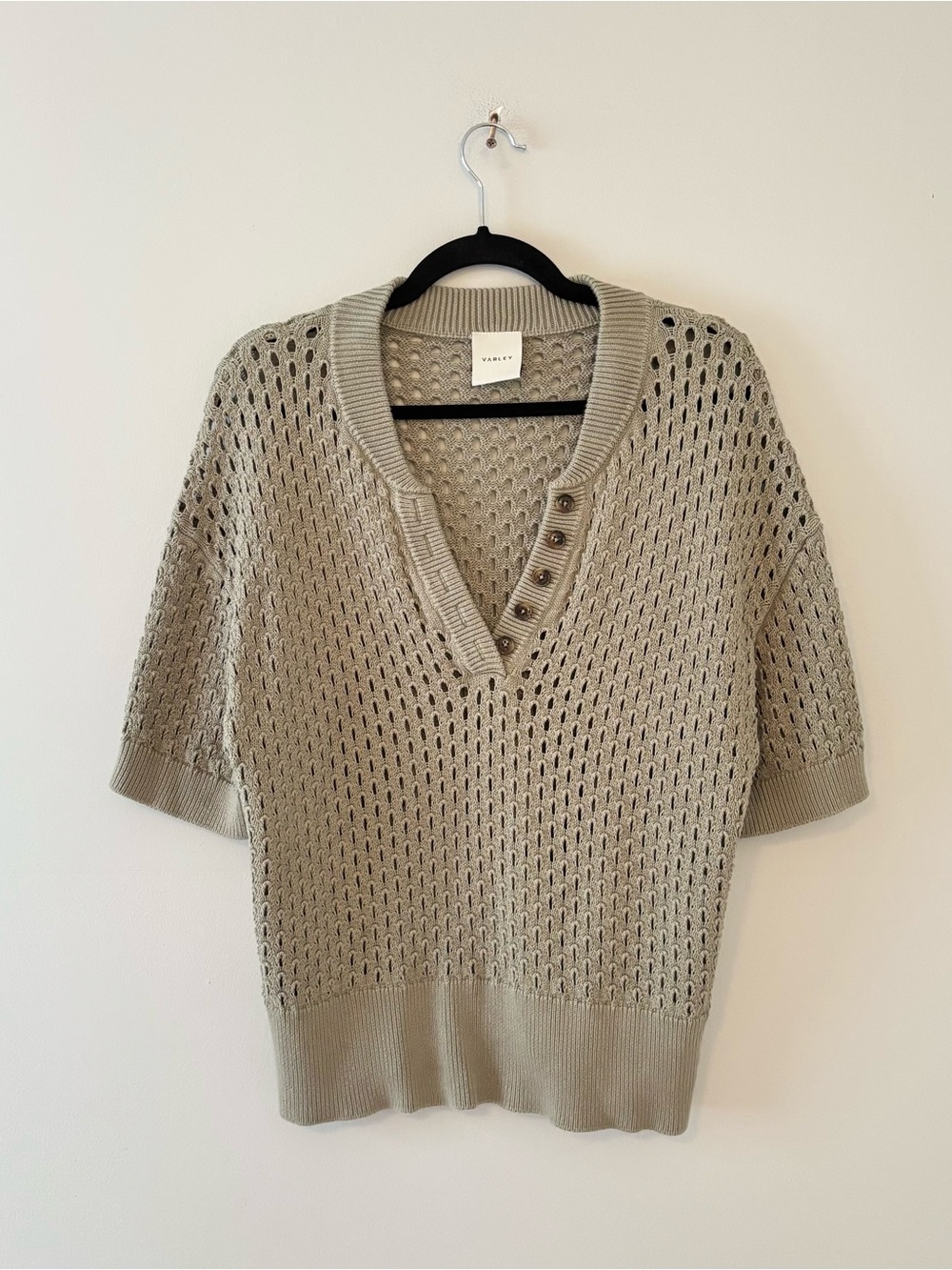 Varley Callie Knit Top Crochet Open Knit Short Sleeve Henley Green